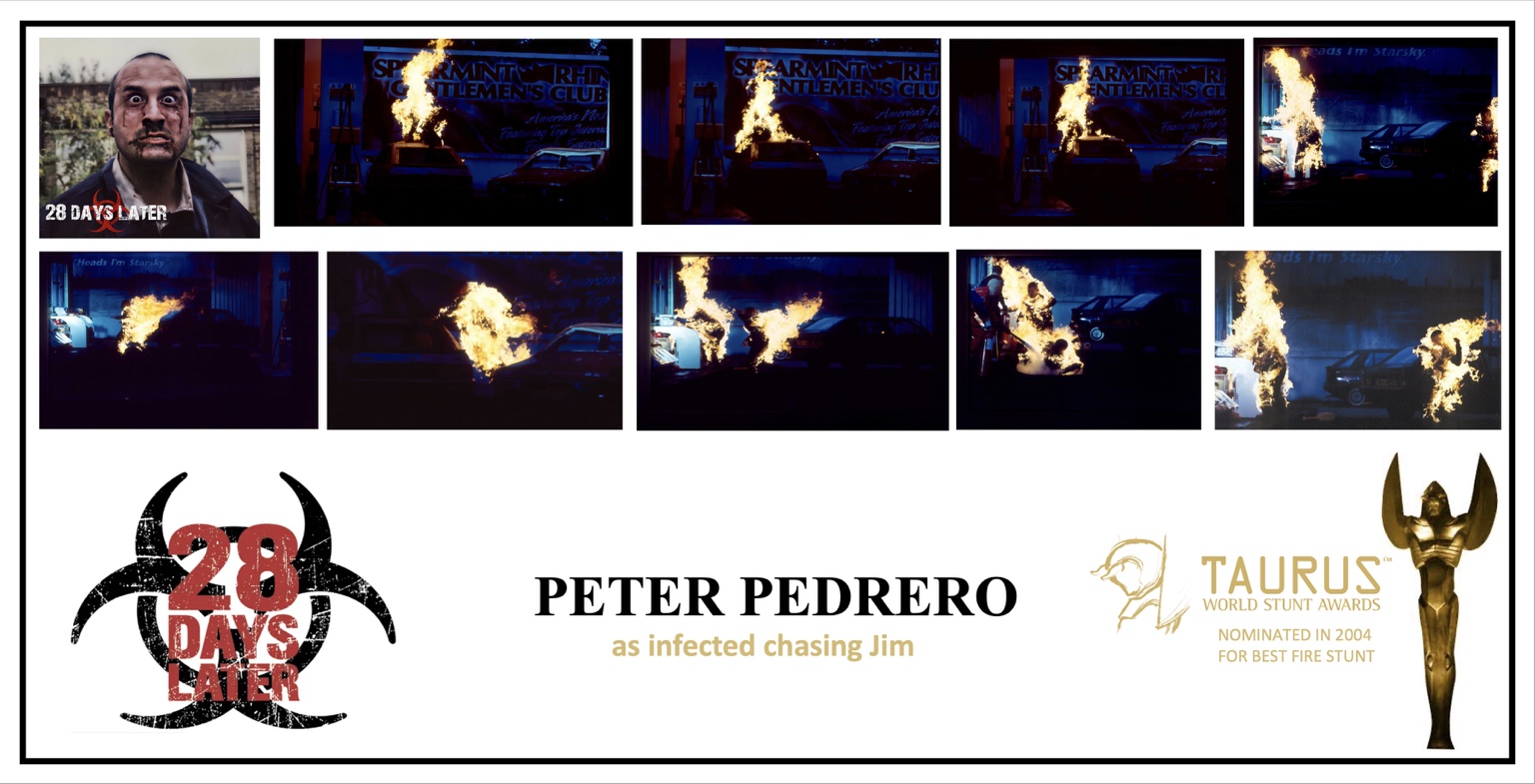 Peter Pedrero as an infected chasing Jim during the Taurus-nominated fire stunt in 28 Days Later