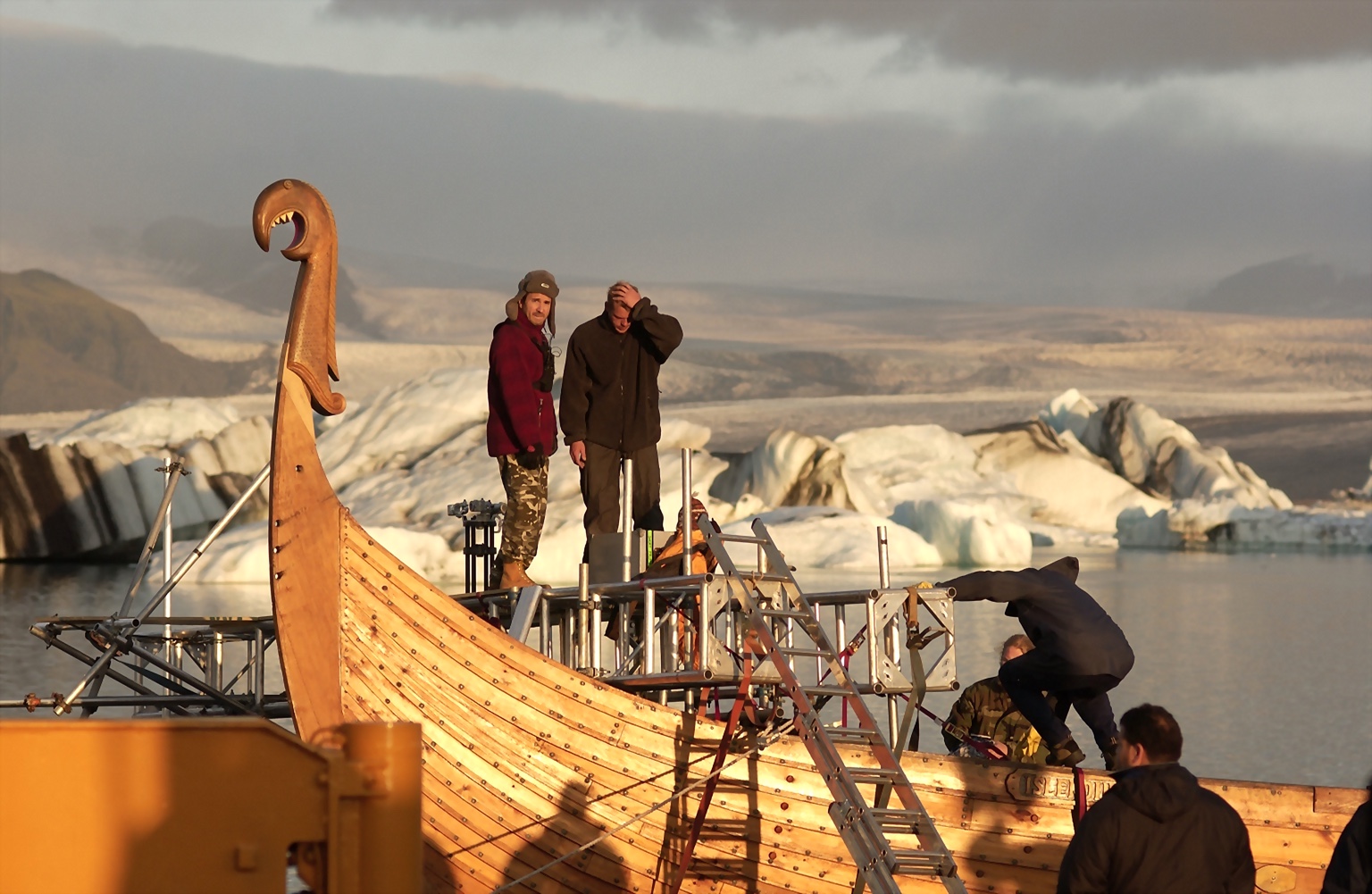 A Viking longboat action production setup