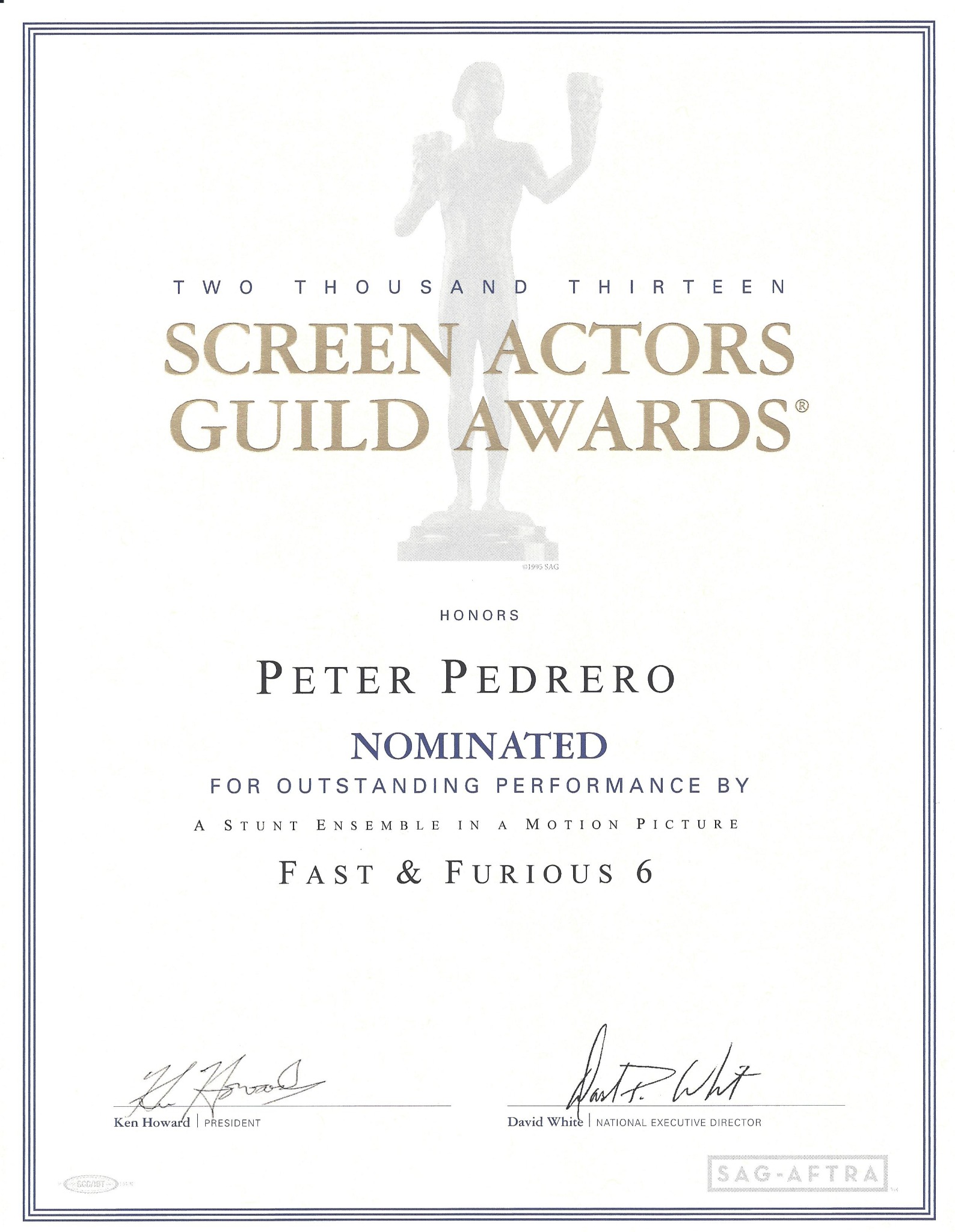 Peter Pedrero’s Fast & Furious 6 certificate