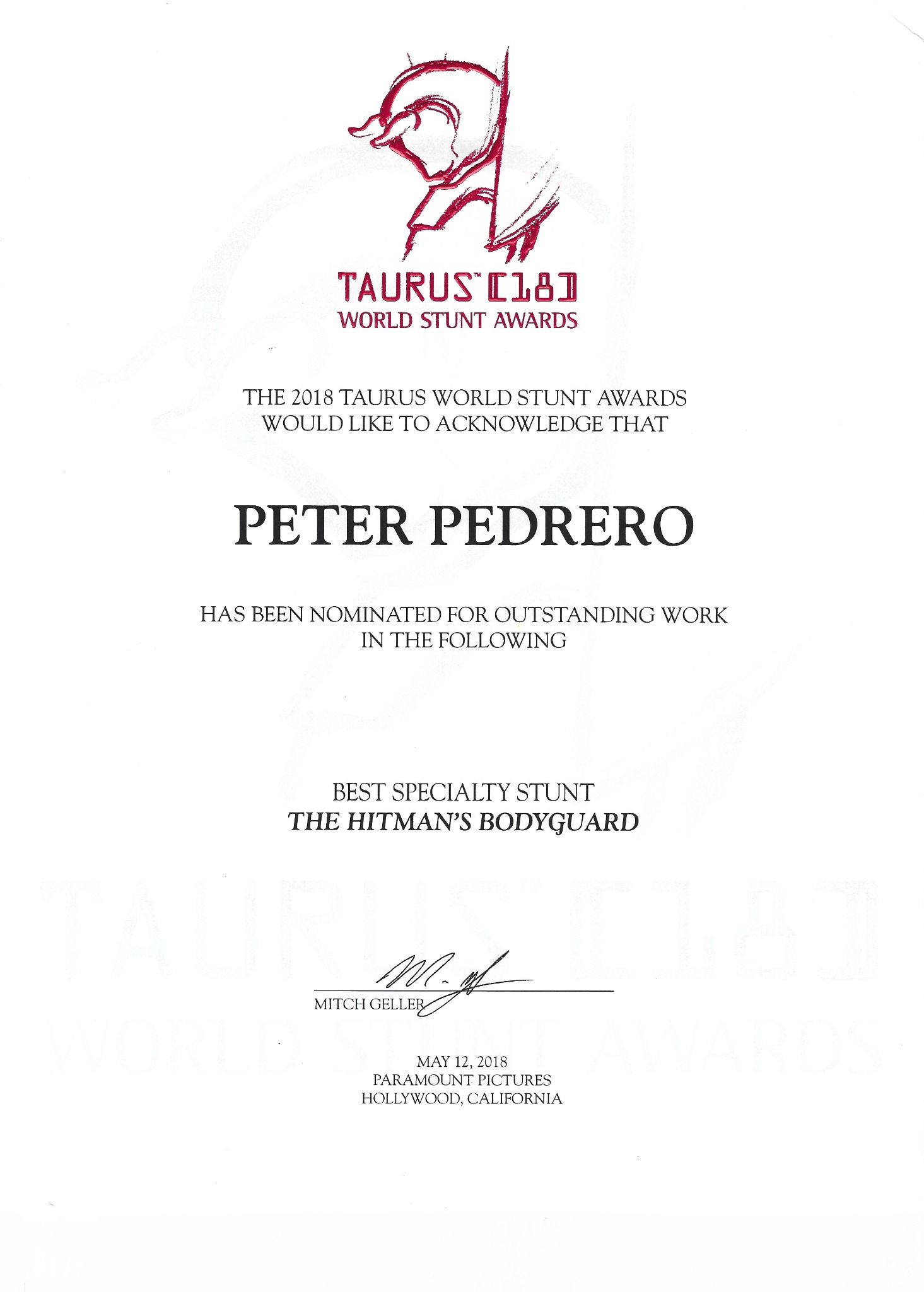Peter Pedrero’s The Hitman’s Bodyguard certificate
