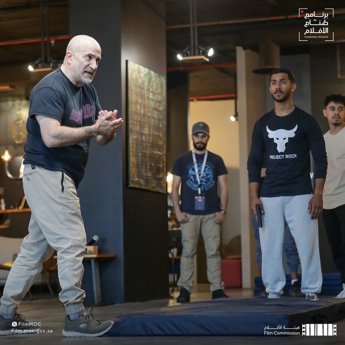 Peter Pedrero introducing practical stunt techniques to participants in Saudi Arabia