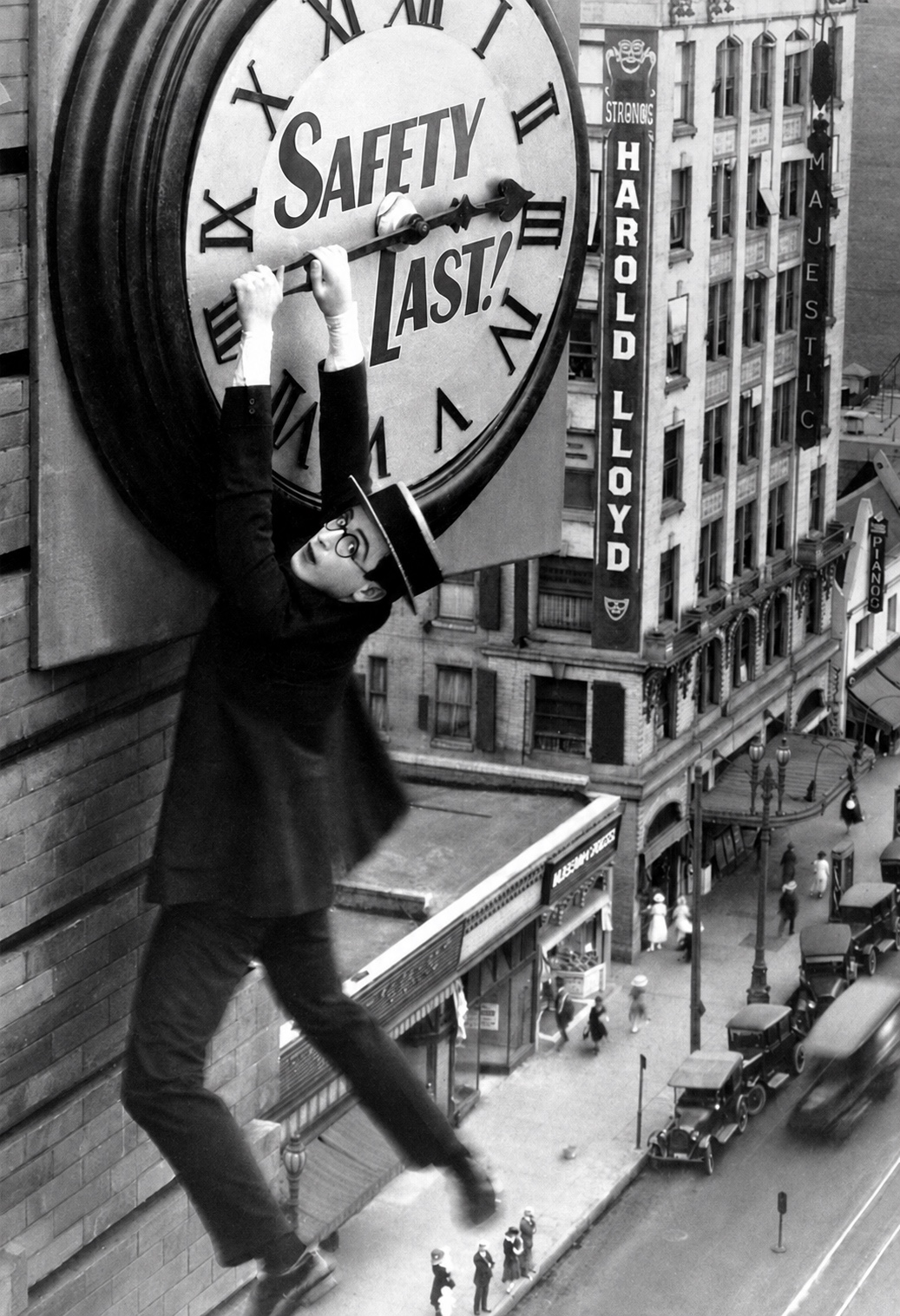 Harold Lloyd hanging from the clock in Safety Last