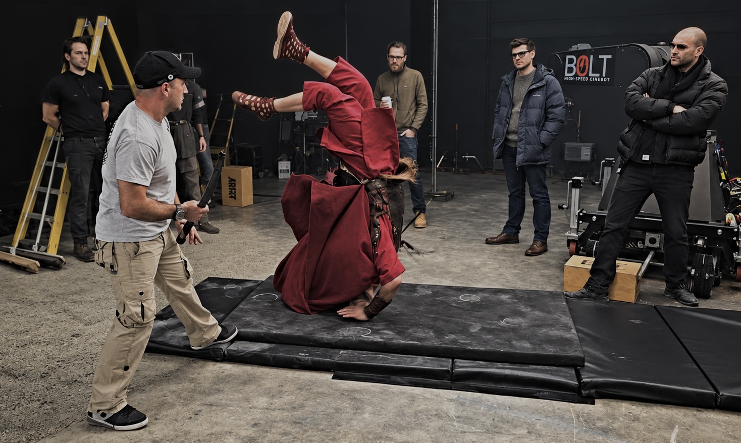 Peter Pedrero directing an action rehearsal with performers and the camera crew